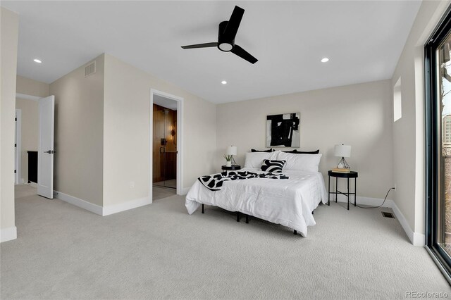 2162 S Ash St, Denver, CO 80222 - carpeted bedroom featuring baseboards, recessed lighting, ceiling fan, and connected bathroom