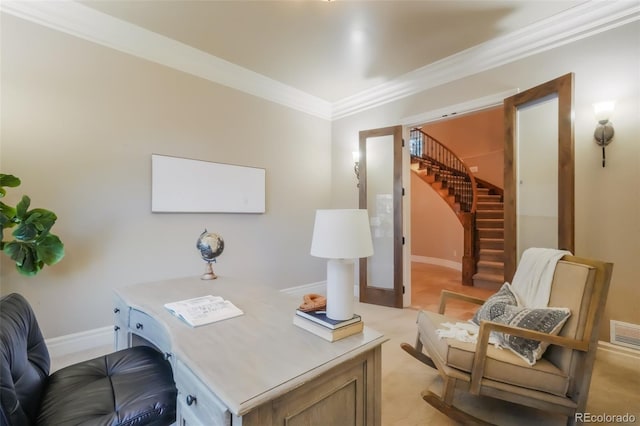 office space featuring crown molding and baseboards