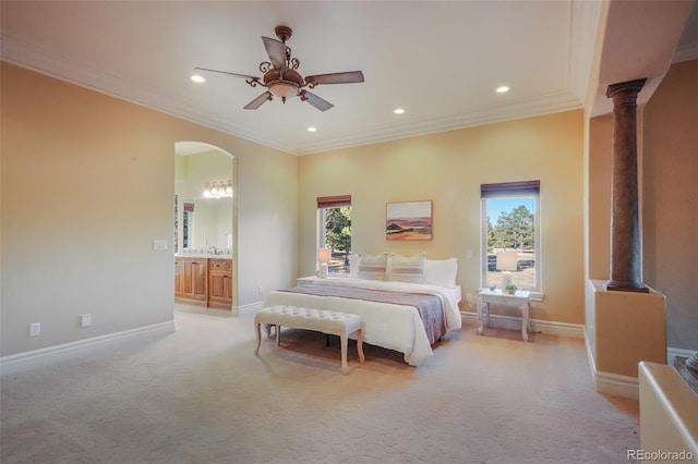 bedroom with recessed lighting, baseboards, ornamental molding, and light colored carpet