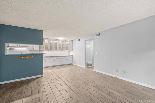 unfurnished living room with light hardwood / wood-style flooring and a textured ceiling