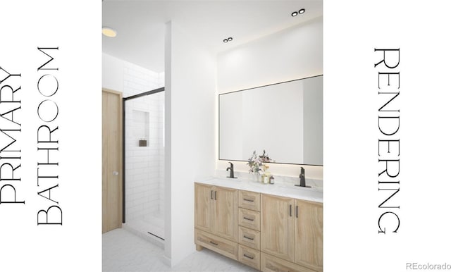 2937 Champa St Unit A, Denver, CO 80205 - bathroom featuring a stall shower and double vanity