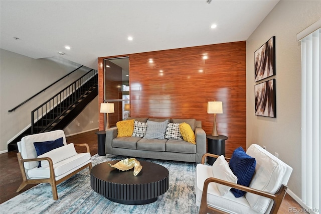 3195 Blake St Unit 106, Denver, CO 80205 - living area with stairs, recessed lighting, and baseboards