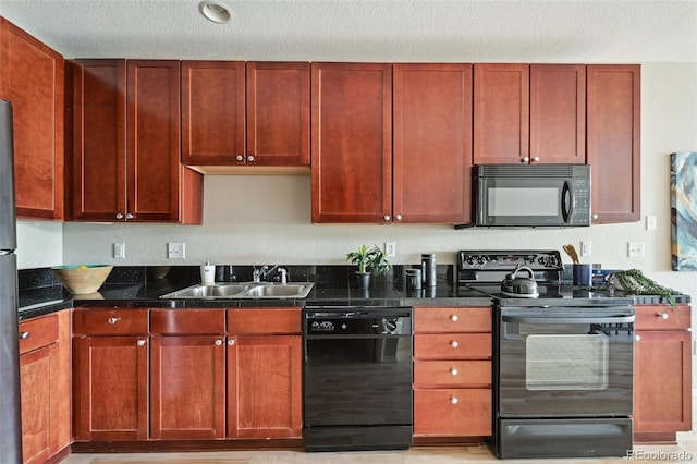 3195 Blake St Unit 106, Denver, CO 80205 - kitchen with black appliances, a sink, dark brown cabinets, a textured ceiling, and dark stone counters