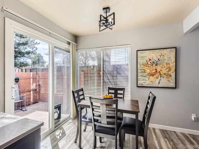 dining room featuring plenty of natural light, baseboards, and wood finished floors