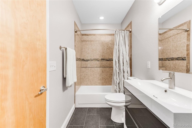 full bathroom with shower / tub combo with curtain, vanity, toilet, and tile patterned flooring