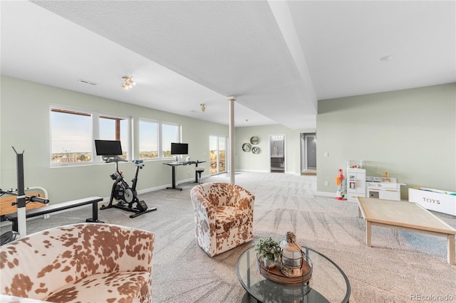 living room with light colored carpet