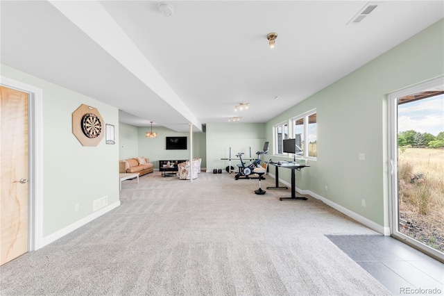 exercise area with light colored carpet and a wealth of natural light