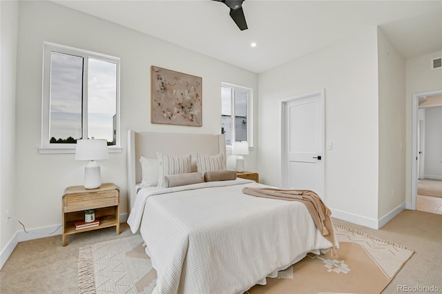 carpeted bedroom featuring ceiling fan