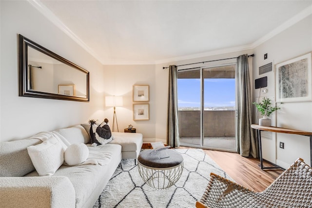 601 W 11th Ave Unit 1101, Denver, CO 80204 - living room with ornamental molding, wood finished floors, and baseboards