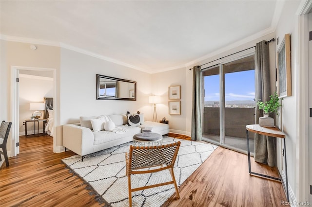 601 W 11th Ave Unit 1101, Denver, CO 80204 - living room featuring crown molding, light wood finished floors, and baseboards