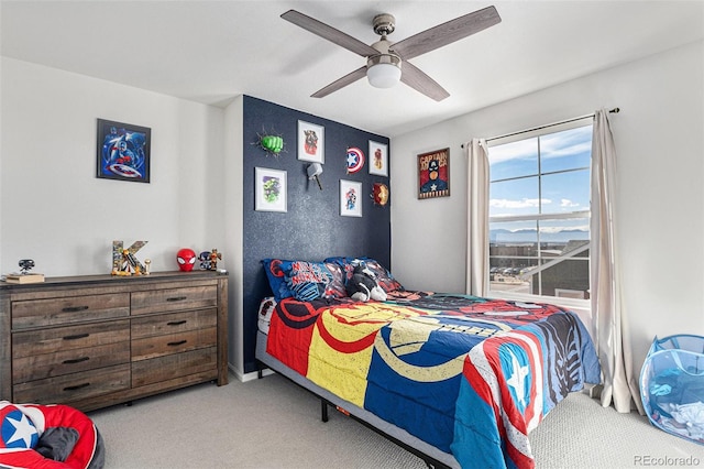 bedroom with carpet flooring and ceiling fan