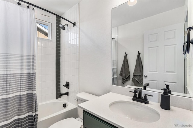 bathroom featuring vanity, toilet, and shower / bathtub combination with curtain