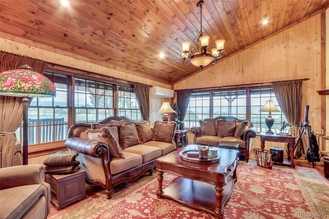 living room with an inviting chandelier, wood ceiling, hardwood / wood-style flooring, a wall mounted air conditioner, and high vaulted ceiling