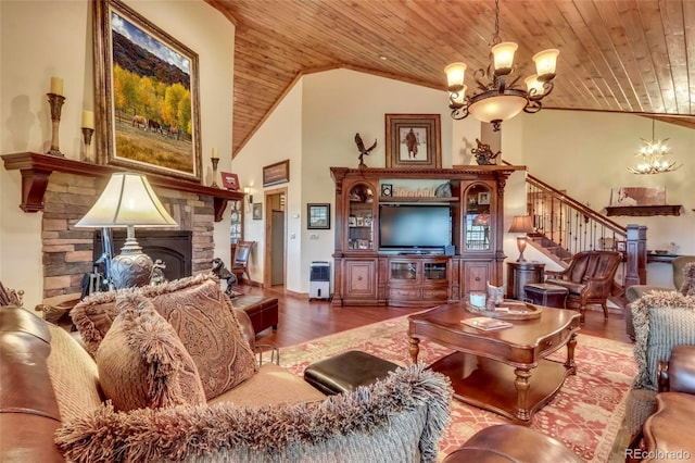 living room with a chandelier, hardwood / wood-style flooring, and wood ceiling