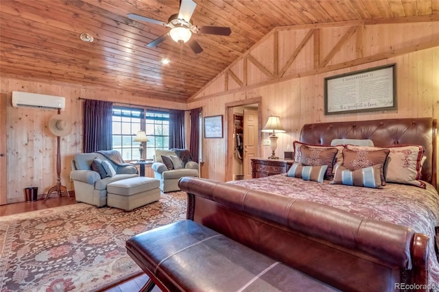 bedroom with wood ceiling, an AC wall unit, ceiling fan, wood-type flooring, and high vaulted ceiling