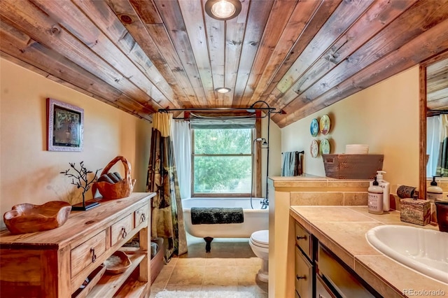 bathroom with wood ceiling, tile patterned floors, vanity, and toilet