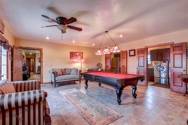 game room featuring a healthy amount of sunlight, washer / clothes dryer, tile patterned floors, ceiling fan, and billiards