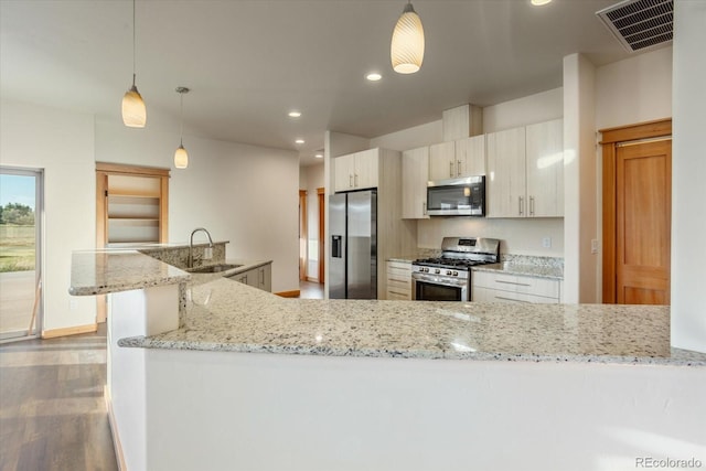 133 Starbuck Cir, Salida, CO 81201 - kitchen with stainless steel appliances, dark wood-style floors, recessed lighting, light stone counters, and hanging light fixtures