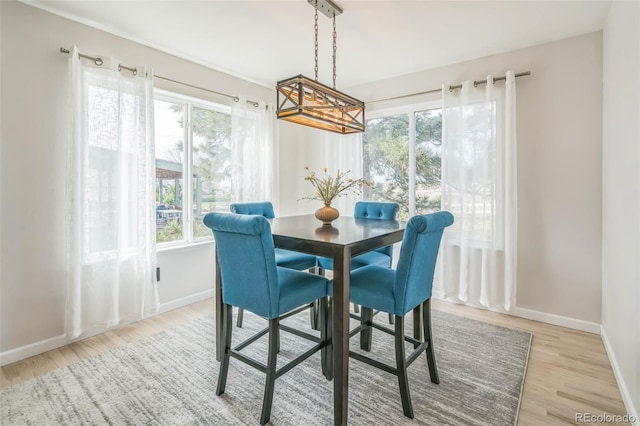 dining room featuring baseboards, wood finished floors, and an inviting chandelier