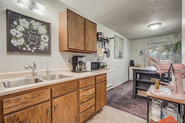 kitchen with light colored carpet, a textured ceiling, sink, and a baseboard radiator