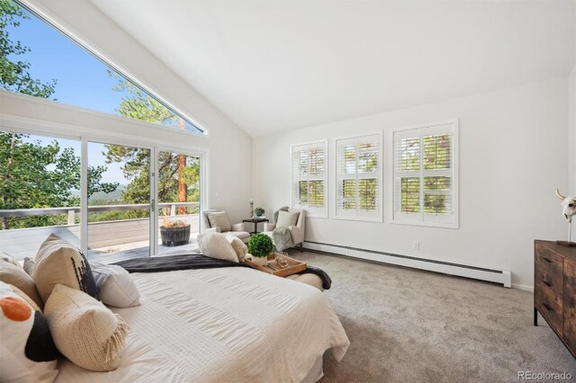 carpeted bedroom with high vaulted ceiling and a baseboard heating unit