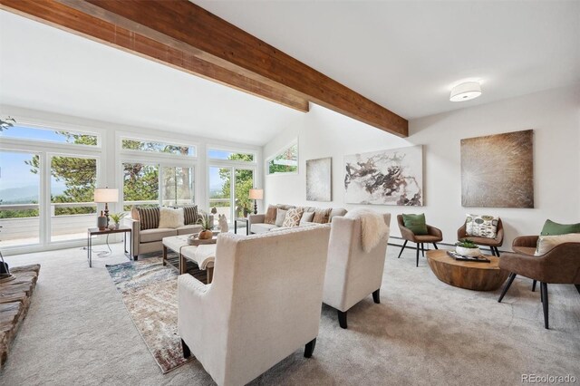 carpeted living room with beam ceiling