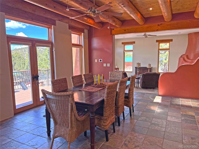 tiled dining area with beam ceiling, wooden ceiling, french doors, and ceiling fan