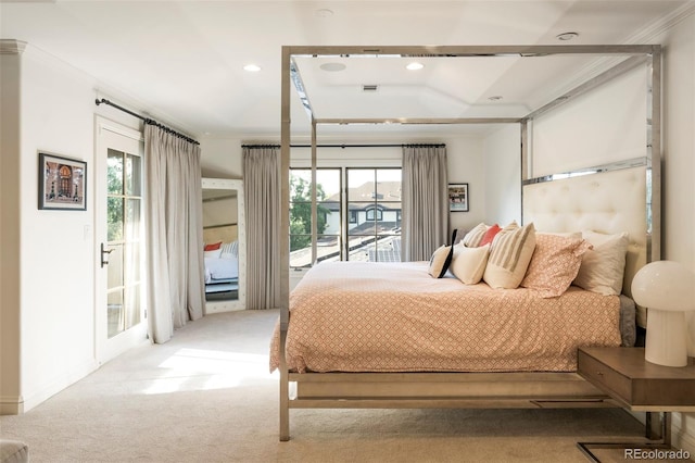 5455 E Cedar Ave, Denver, CO 80246 - carpeted bedroom featuring access to exterior, crown molding, recessed lighting, and a tray ceiling