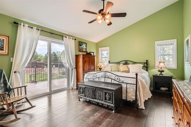 15325 W 32nd Ave, Golden, CO 80401 - bedroom featuring a ceiling fan, dark wood-style flooring, access to outside, and high vaulted ceiling