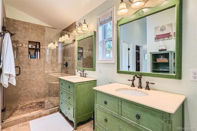 15325 W 32nd Ave, Golden, CO 80401 - full bathroom with a sink, lofted ceiling, two vanities, and a stall shower