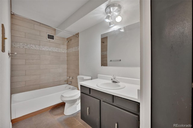 full bath with vanity, visible vents, tile patterned flooring, shower / bath combination, and toilet