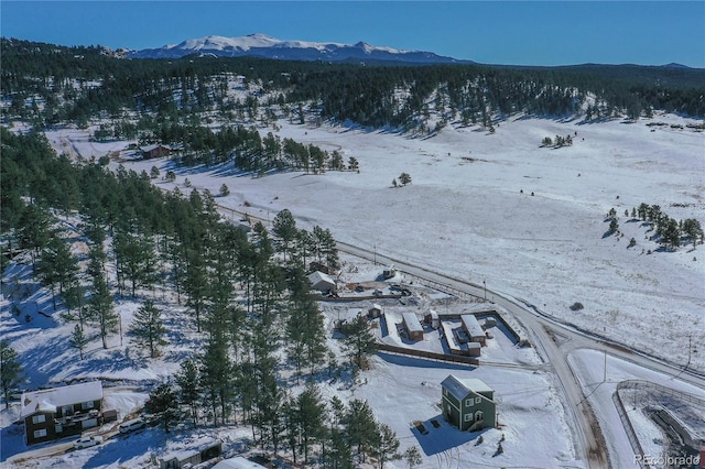 snowy aerial view with a mountain view