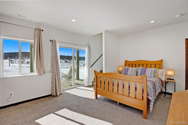 carpeted bedroom featuring access to outside and multiple windows