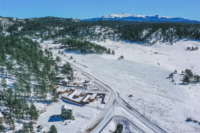 snowy aerial view featuring a mountain view