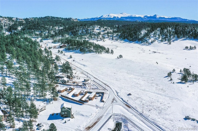 snowy aerial view with a mountain view