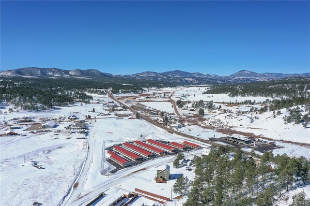 snowy aerial view featuring a mountain view