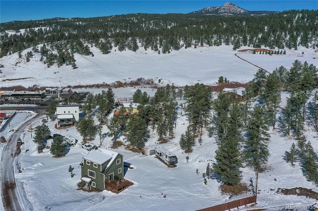 snowy aerial view with a mountain view