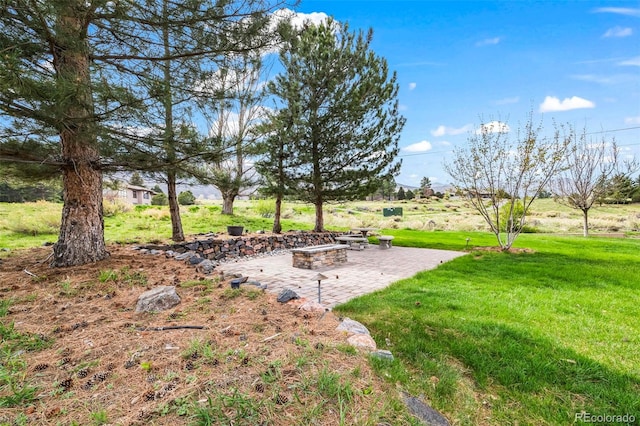view of yard featuring an outdoor fire pit and a patio