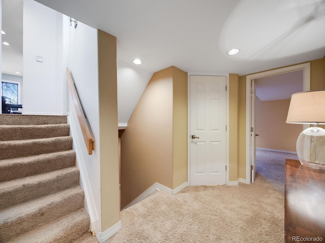stairs featuring baseboards, carpet flooring, and recessed lighting