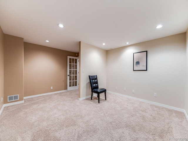 unfurnished room with baseboards, recessed lighting, visible vents, and carpet floors
