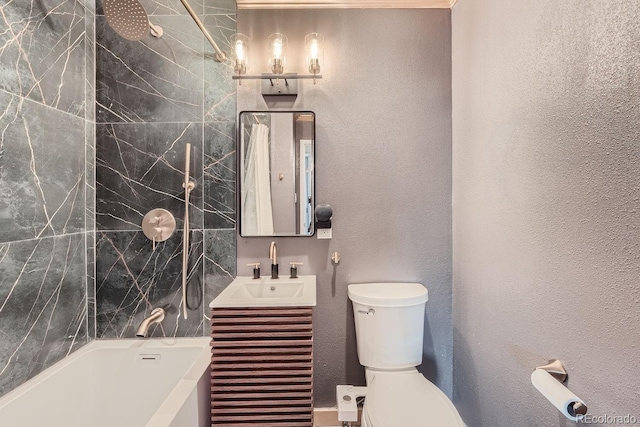 full bathroom featuring vanity, shower / bath combination, and toilet