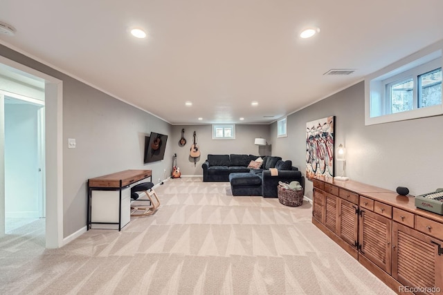 carpeted living room featuring ornamental molding