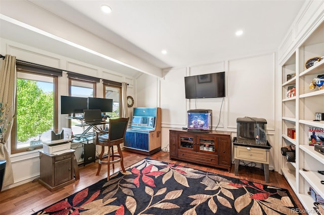 living room featuring dark wood-type flooring