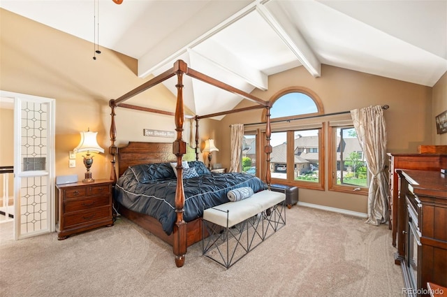 carpeted bedroom with vaulted ceiling with beams