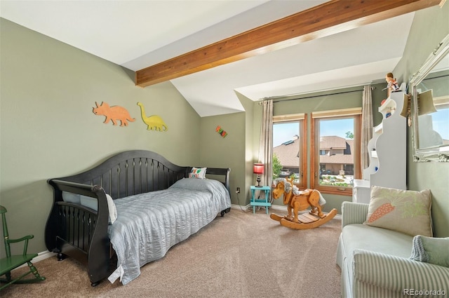 carpeted bedroom with vaulted ceiling with beams