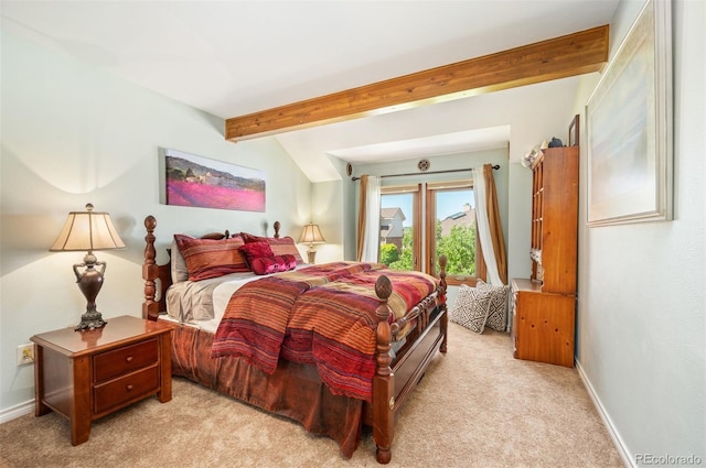 bedroom with light carpet and beamed ceiling