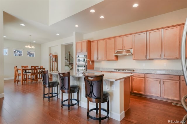 kitchen featuring sink, light stone counters, decorative light fixtures, a center island with sink, and stainless steel appliances