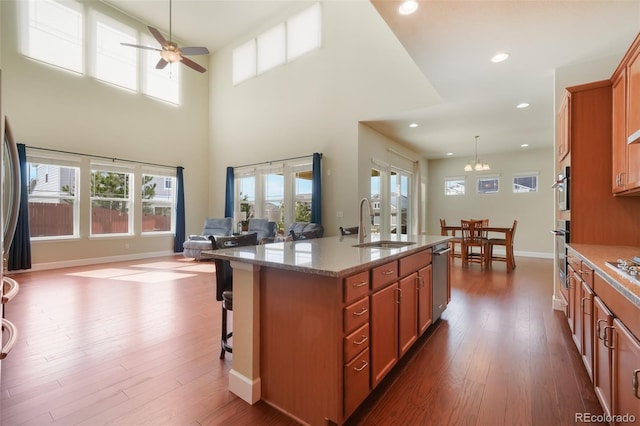 kitchen with a kitchen island with sink, sink, wood-type flooring, and light stone countertops