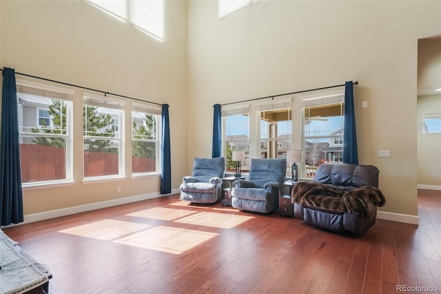 living area featuring hardwood / wood-style floors and a high ceiling