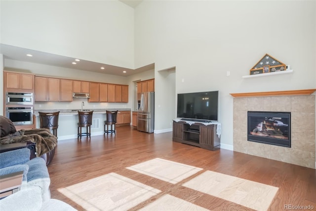 living room featuring a tiled fireplace, sink, and light wood-type flooring